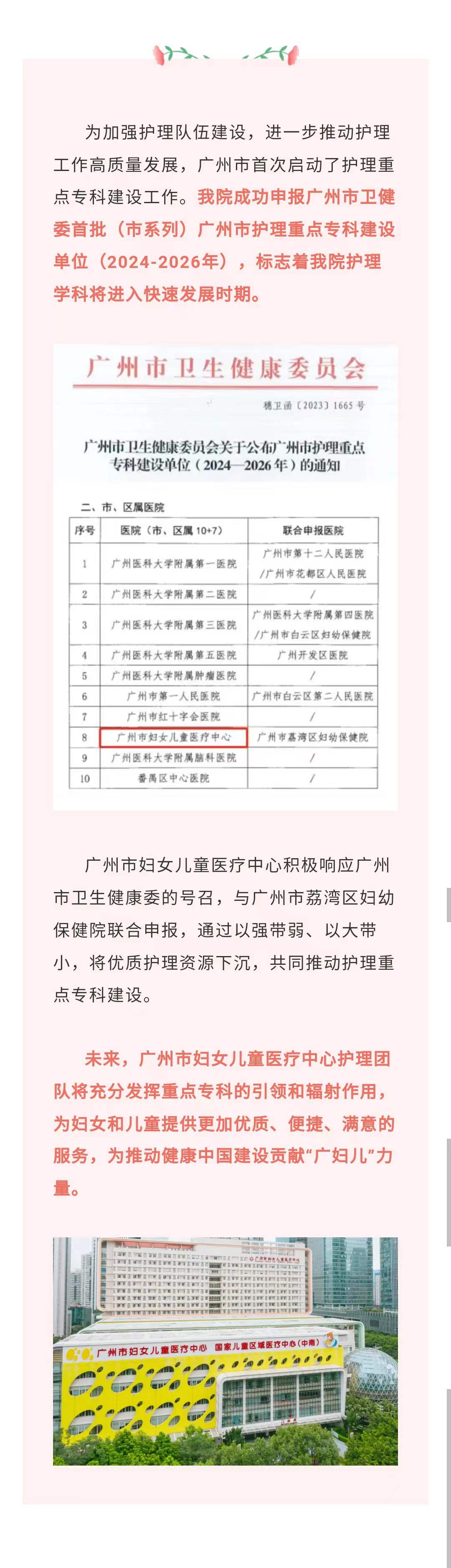 广妇儿获批广州市护理重点专科(2024-